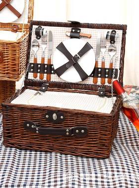 柳可编户外野餐UDD篮藤编家收纳筐水果蔬菜用提蓝带餐具手带盖收