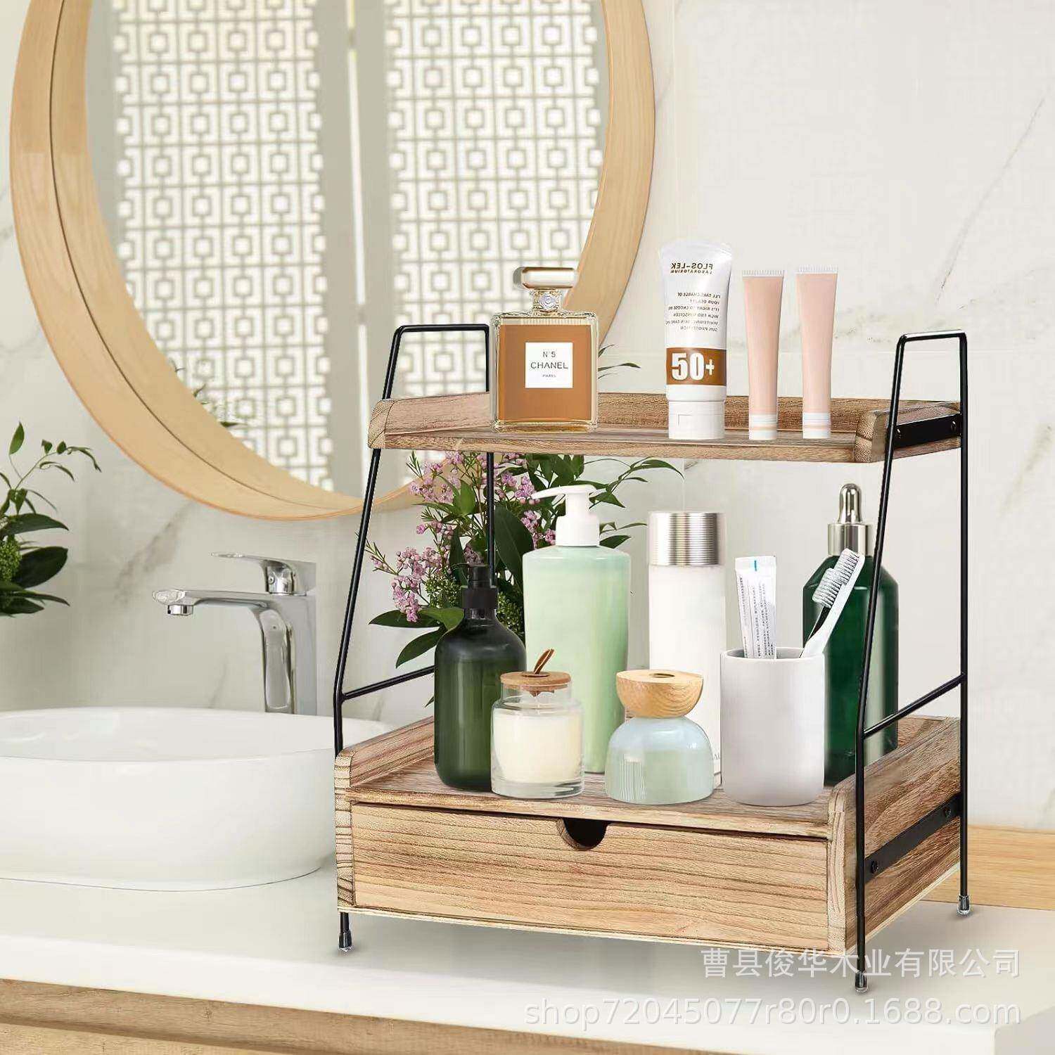 木制浴面室台面架桌摆台式双纳层储物架QHD自带纳收抽屉浴室收架