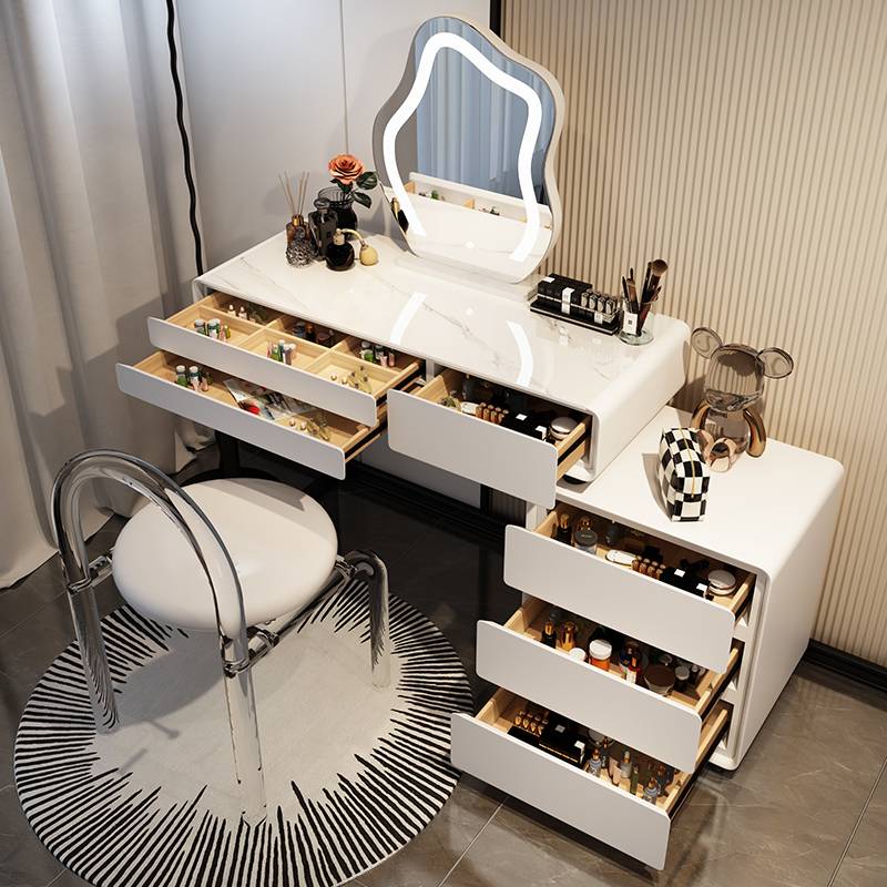 W8意式极简奶油风梳妆台 现代简约卧室轻奢实木化妆桌收纳斗柜一