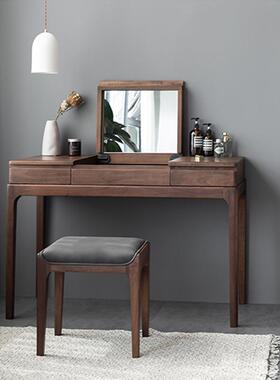 北美黑桃实木梳妆台约日式小户型化简妆台木YNP翻盖梳妆带镜子书