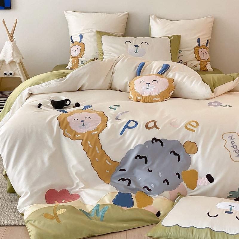 春滑夏无品牌/用卡通风凉感天棉四件套可爱羊驼贴布绣丝被套床单