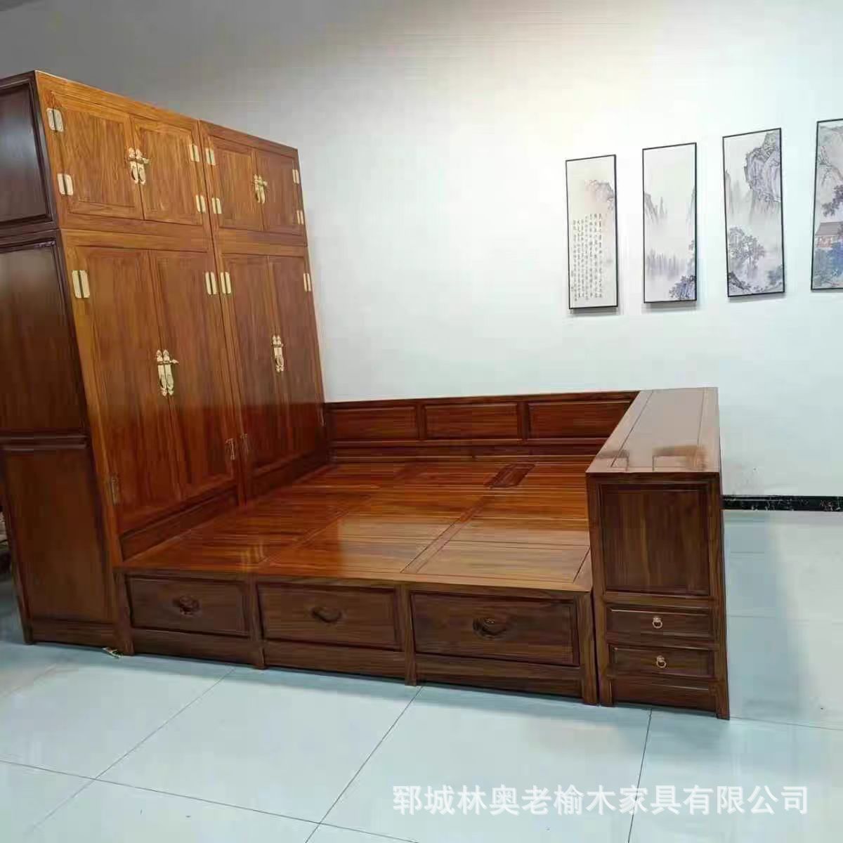 榆木实木小户型收纳双人床