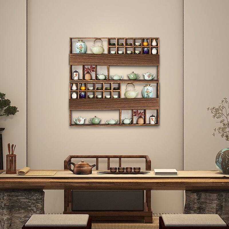 新56中式实木挂壁挂博古架多分区设计加壁格式免孔打中式茶具展示