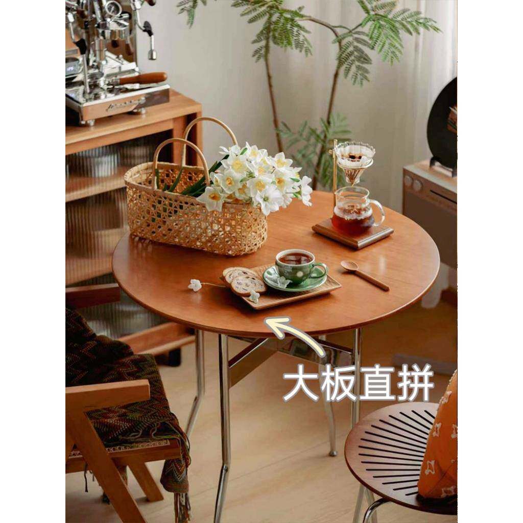 法式复中古风实木圆形桌子小户型家用餐洽谈折叠可不锈椅钢胡MON