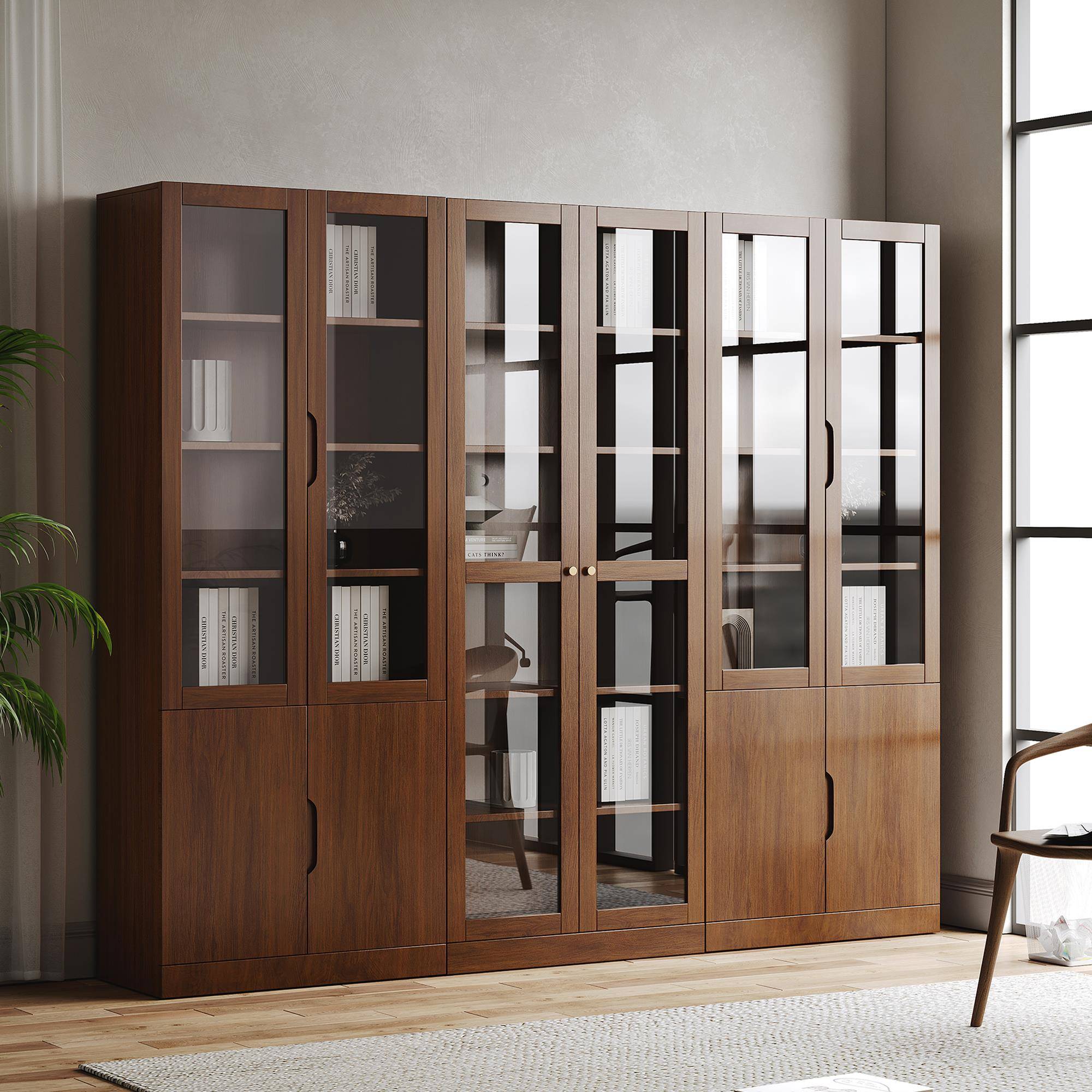 H&全实木橱橡木书柜带尘玻门落地书架防F9677H77组合书书房家用文