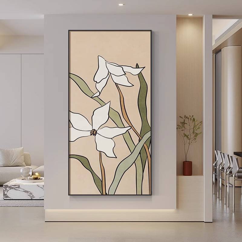 现代简约进门玄关装饰画水仙花卉墙面壁画奶油风走廊过道竖版挂画图片