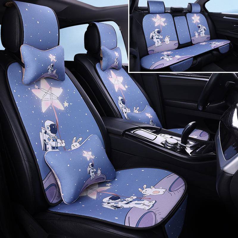 坐四季通用车垫垫亚麻印花卡通CQA坐汽五座透气防滑布艺座垫靠垫