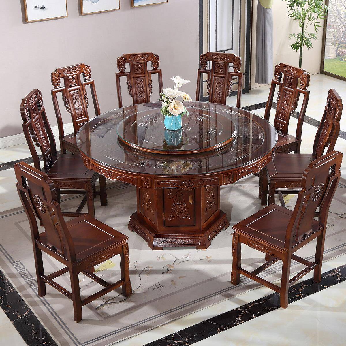 全实餐桌木组合中式餐桌带转盘明清古典椅仿雕花酒VGH店吃饭大圆