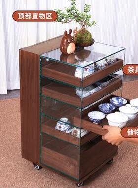 黑胡木茶具桃DLA茶收纳玻璃展示柜实木茶水移动桌边柜茶台置物柜