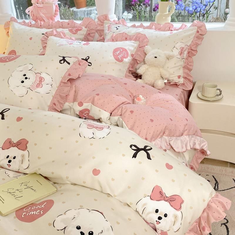 毛卡通水洗床棉床单四PSV棉件套非纯加厚磨被套裙款公主风寝室三