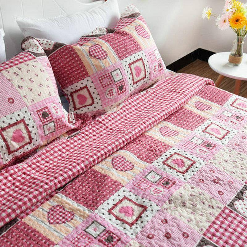 全棉心夹形花平纹暗红爱心绗缝纯棉大枕套棉印床盖三件套双面夏凉