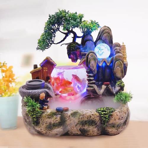 新款招财假山流喷水风泉办公缸室内桌面18721鱼装饰水轮摆件家居