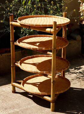 手工架编织制竹品多层三脚架置物架圆形竹编簸箕55522晒干货子家