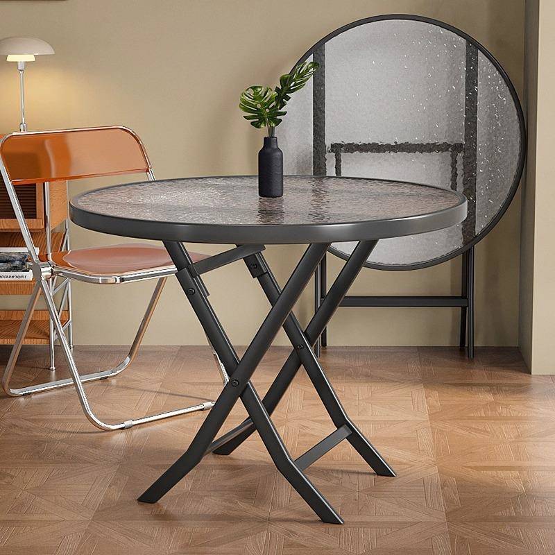 桌子折叠出饭租房家用餐桌简圆形ATC桌小易方红桌网水纹玻璃阳台