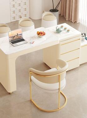 家用茶桌可伸缩旋转奶油风岩板台小户QWT型台茶茶桌椅小组合阳可