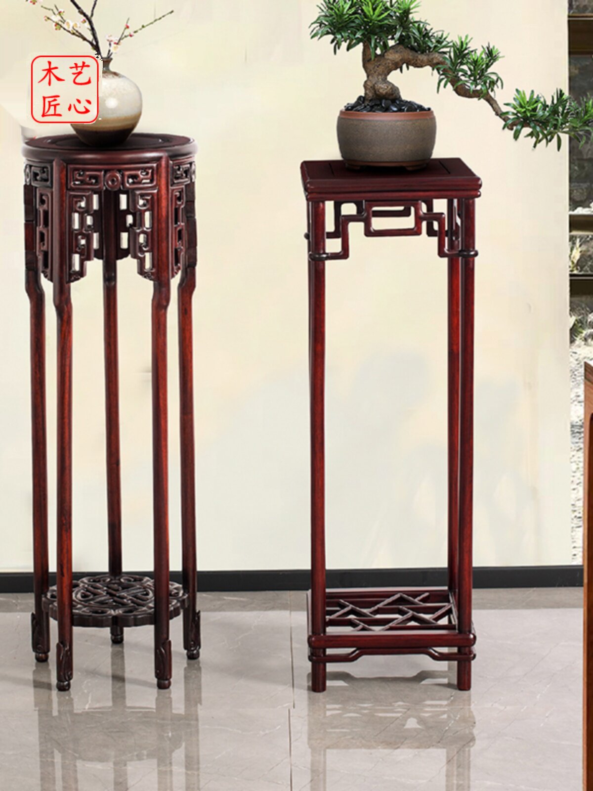 中式仿古酸枝木落地花架