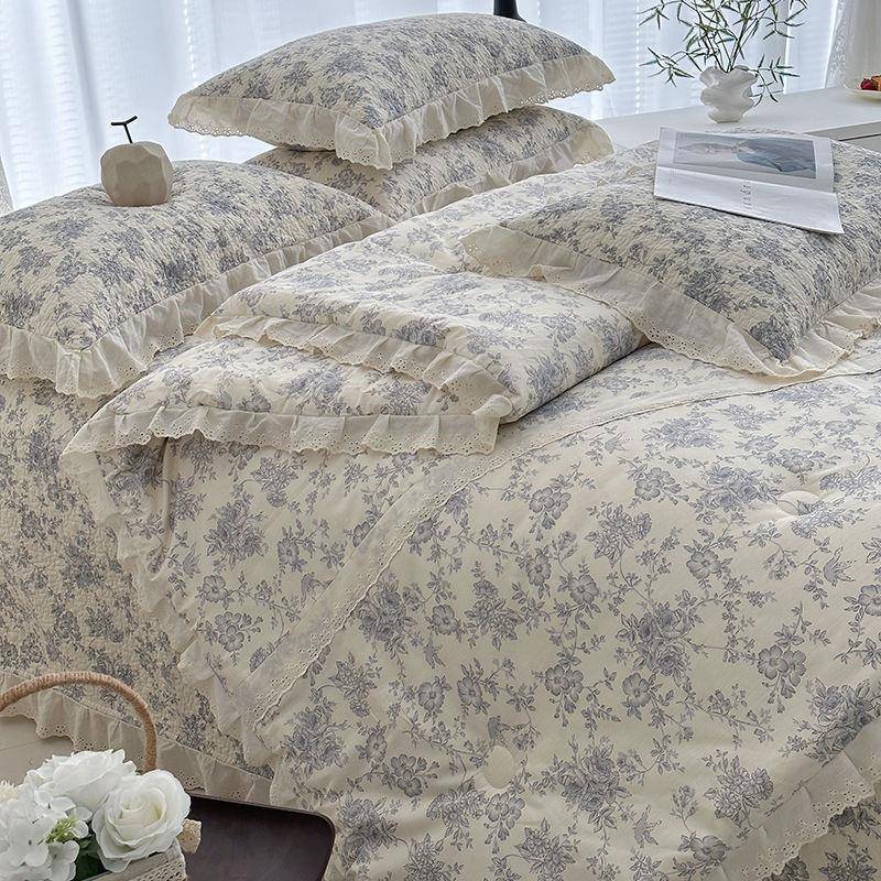 法式全棉复古花边床三件套炕LRL季盖件1套四夹棉床盖单纯棉春秋被