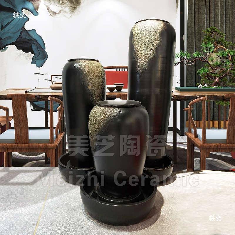加湿器BIE冒喷水流创意景花瓶观水缸中式循陶罐纹环水火水焰摆件