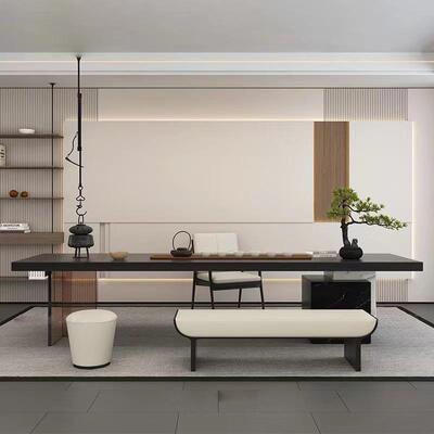 轻奢新中式木茶椅组合公办室现代简约YMA755茶实桌桌高端亚克力岩