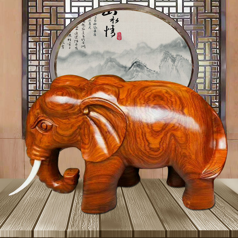 花梨实木雕刻大象摆件一对吉祥物家居客厅办公桌面风水装饰工艺品