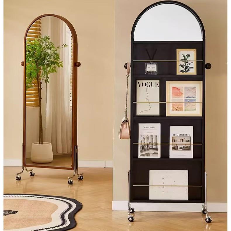 中古置实木可移动全身镜家转用架杂志物架复古落地旋KOL穿衣镜全