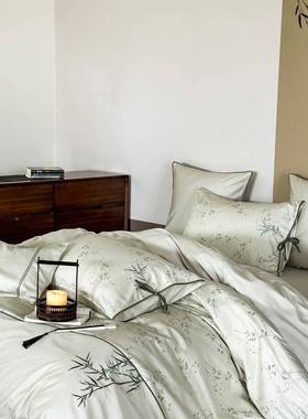 类新中式中国风SOJ长棉四件套全棉竹叶花被套纯棉绣双人绒床A单