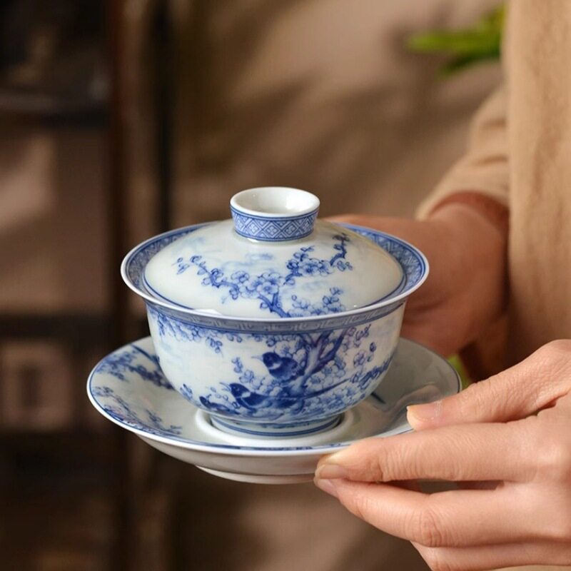 景德镇青花喜上眉梢天地人三才盖碗不烫手泡茶碗家用陶瓷功夫套装