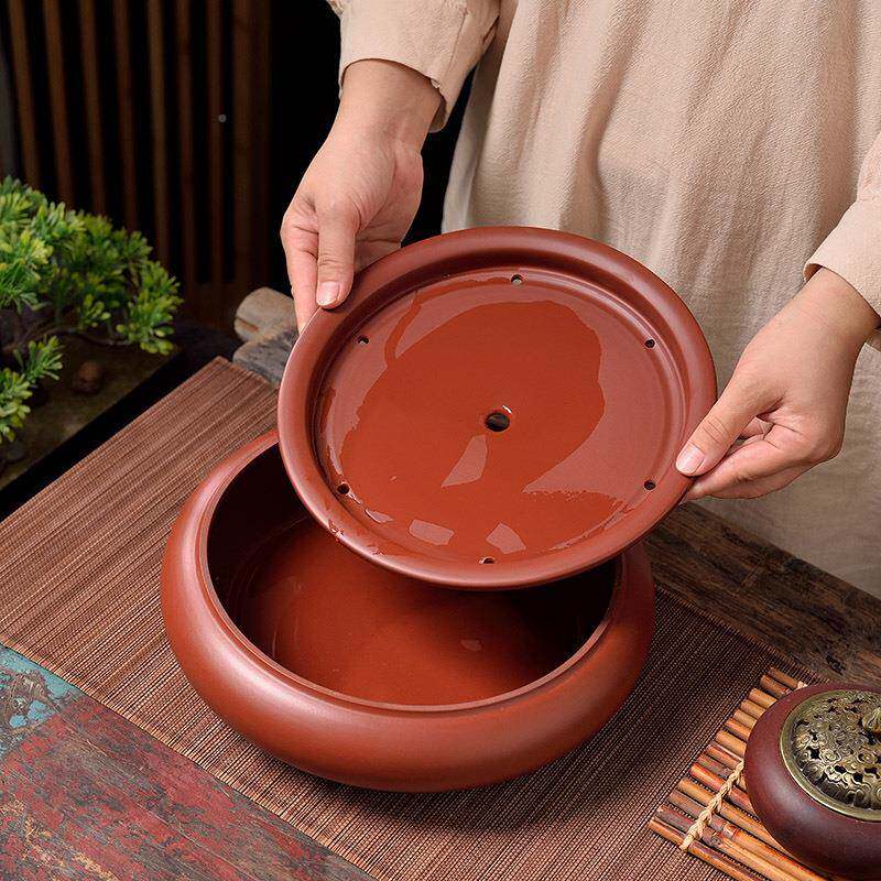 F77MSMT7纯手工大泥师手拉朱泥茶盘紫砂家用圆形紫茶船储水干泡茶