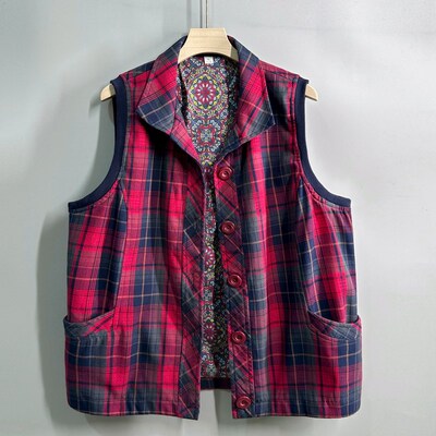 中老年人马甲女春秋大码全棉格子坎肩妈妈奶奶装女款外穿纯棉背心