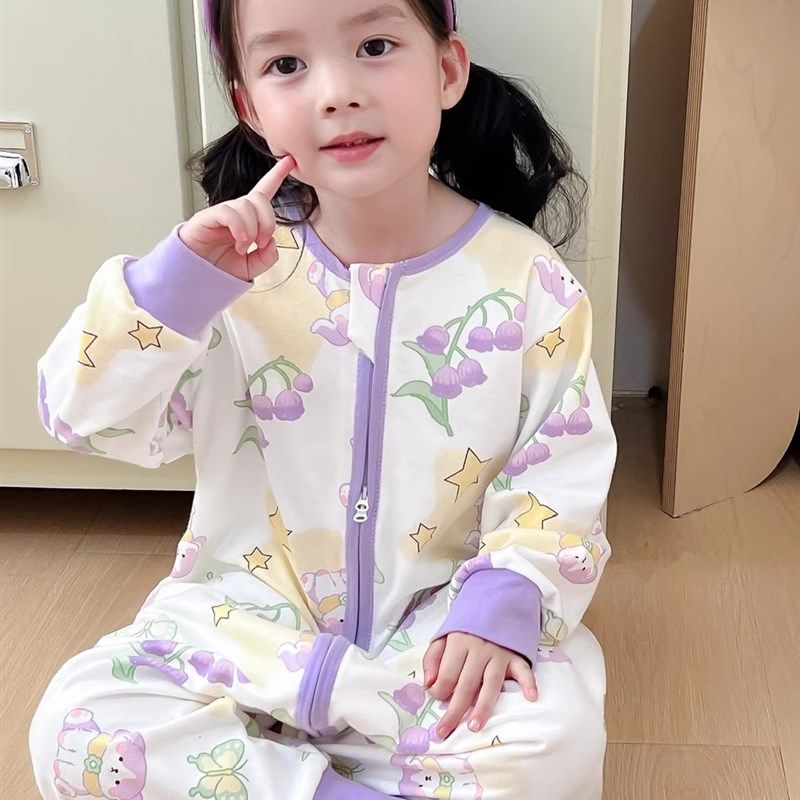 女童睡袋2025秋冬新品纯棉连体睡衣春秋男童长袖拉炼款卡通防踢被