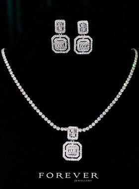 高级感微镶满钻锆石项炼耳环优雅气质炼条锁骨炼新娘婚礼宴会配饰