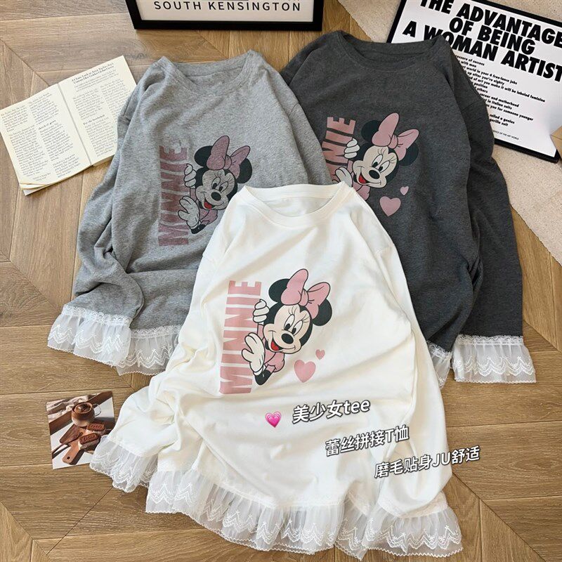 美少女tee!2025早春卡通印花宽松中长款蕾丝拼接磨毛长袖T恤内搭