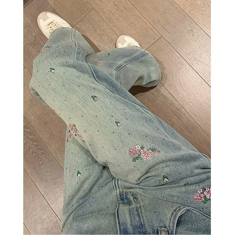 韩系蓝色重工花朵刺绣烫钻牛仔裤女2025春季新款直筒阔腿裤长裤