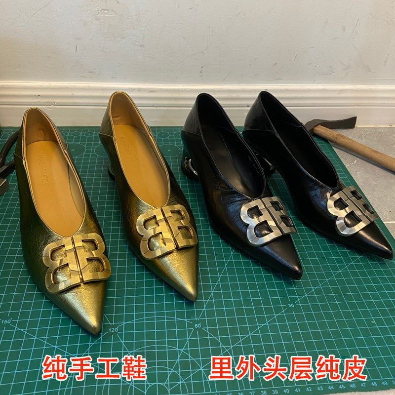 手工真皮小众尖头金属扣浅口单鞋法式气质浅口高跟时尚百搭女鞋子,女鞋,深口单鞋,淘宝优惠券,粉丝福利购,淘宝优惠卷