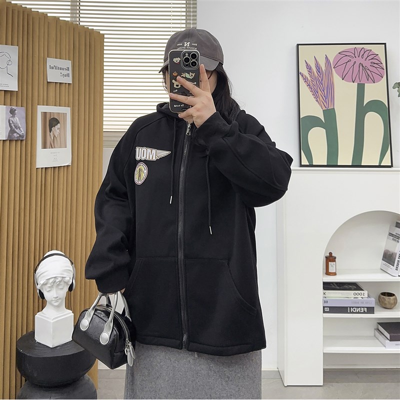 大码拉链连帽加绒卫衣外套2024年冬季新款宽松运动休闲开衫上衣女