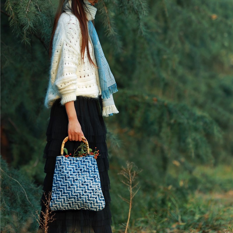 包包文艺复古配旗袍手工扎染竹子手柄新中式高贵典雅