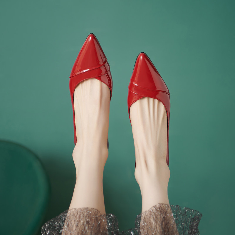 高跟鞋女2025春秋季新款真皮尖头中跟单鞋红色粗跟皮鞋瓢鞋女鞋子,女鞋,浅口单鞋,淘宝优惠券,粉丝福利购,淘宝优惠卷