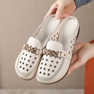 休闲懒人拖大码 夏季 镂空防滑外穿凉拖 女软底洞洞鞋 真皮包头半拖鞋