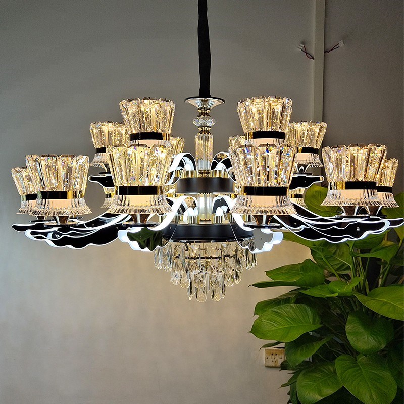 新款现代简约轻奢客厅水晶吊灯 灯臂发光大气别墅主灯大厅吊灯具