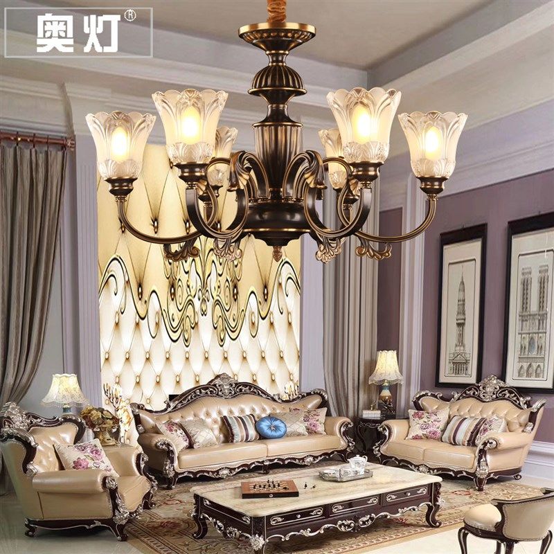 轻奢欧式全铜吊灯餐厅现代简约客厅卧室6头黑色擦金美式铜艺灯具