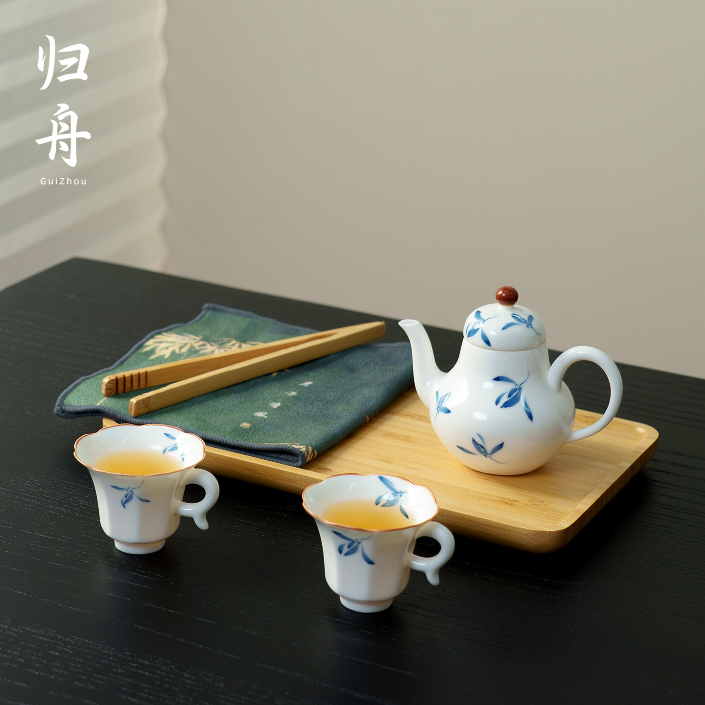 归舟秋水兰花手绘泡茶壶陶瓷套装家用办公精致功夫茶具喝茶小茶杯