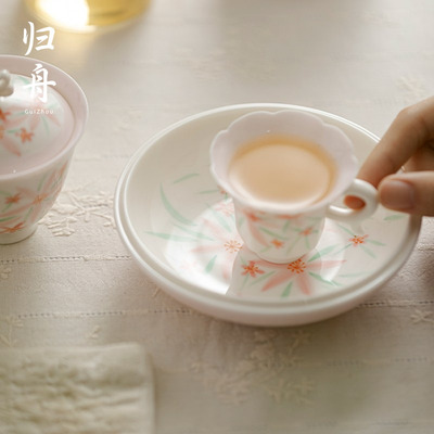 归舟手绘花影缤纷壶承中式盖碗茶壶茶托盘家用陶瓷点心盘茶具配件