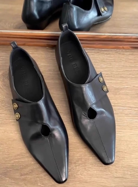 英伦风覆古小皮鞋女春秋款深口单鞋时尚镂空皮带扣尖头平底乐福鞋