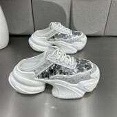 欧货亮片透气老爹鞋 水钻厚Q底增高休闲懒人半 新款 女拖鞋 2024夏季