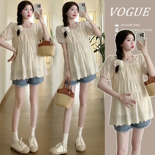 孕妇装夏装小清新优雅刺绣镂空娃娃衫大码宽松显瘦衬衣怀孕期上衣