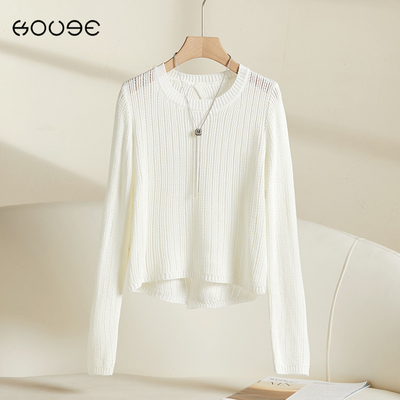 米白色针织衫女2024早秋新款套头圆领缕空罩衫配裙子外搭长袖上衣