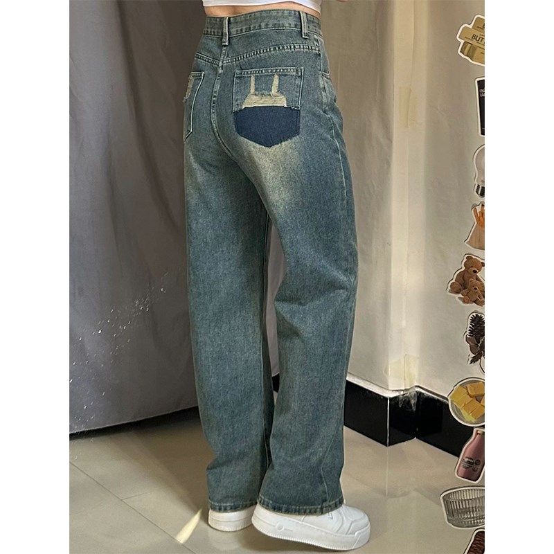 胖mm大码女装小众设计感磨破高腰直筒牛仔裤女显瘦破洞宽松阔腿裤