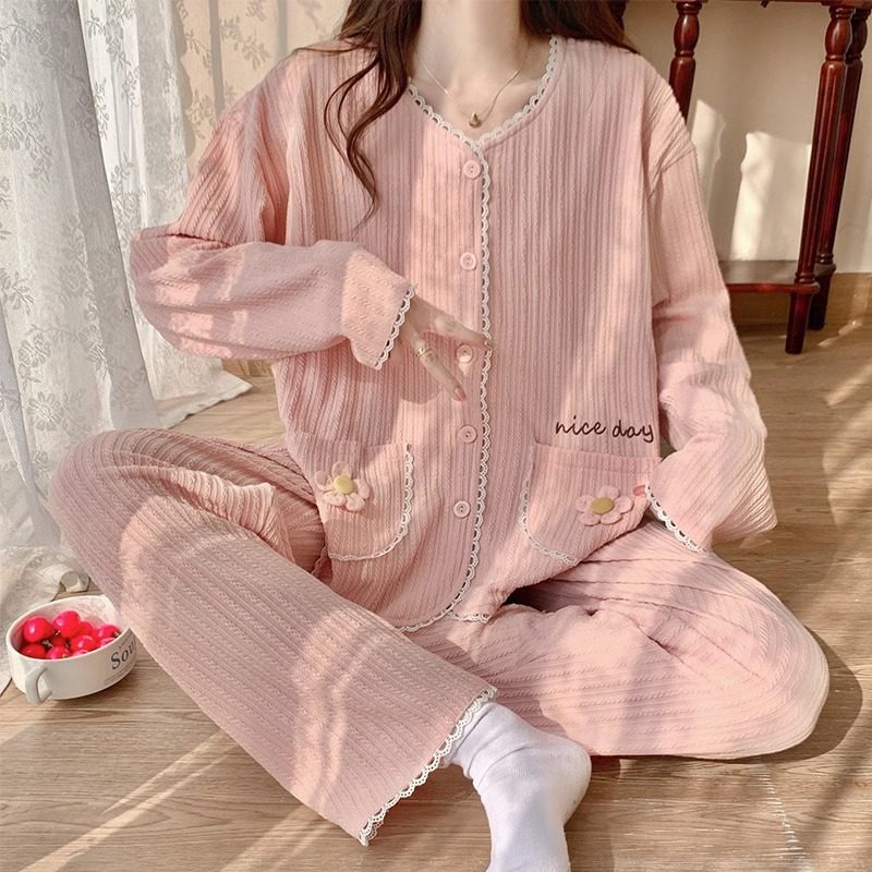 纯棉月子服春秋薄款哺乳睡衣女孕妇产后哺乳待产夏季家居服粉花朵