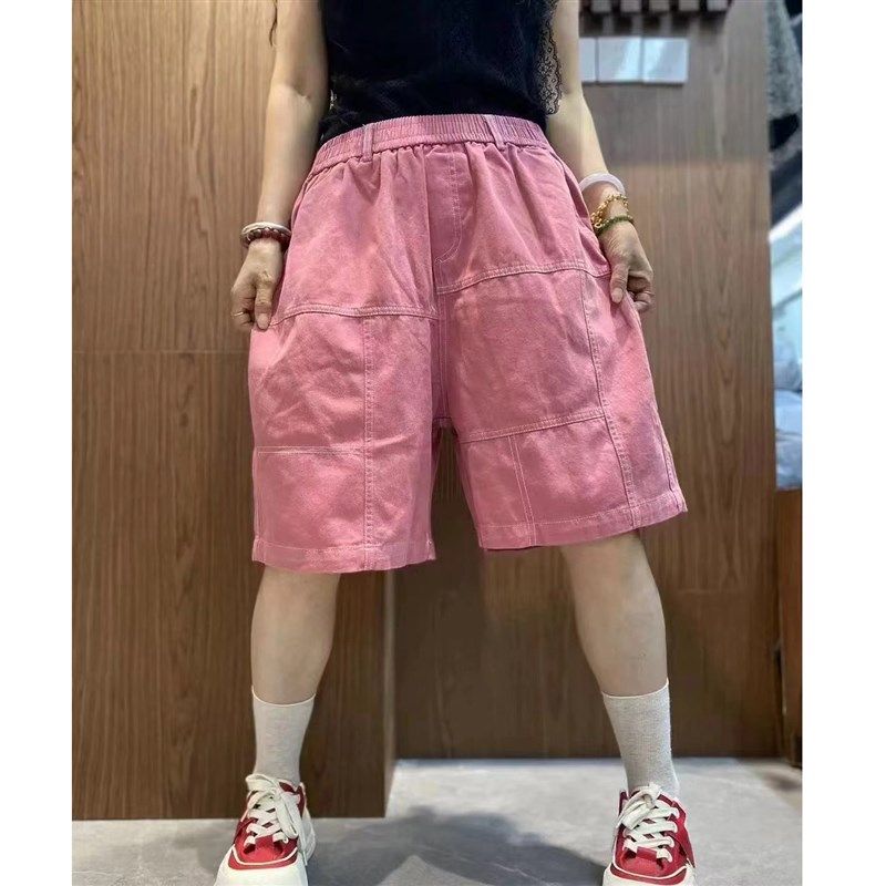 糖果色棉质休闲短裤女五分裤潮流时尚拼接松紧腰直筒哈伦裤夏季款