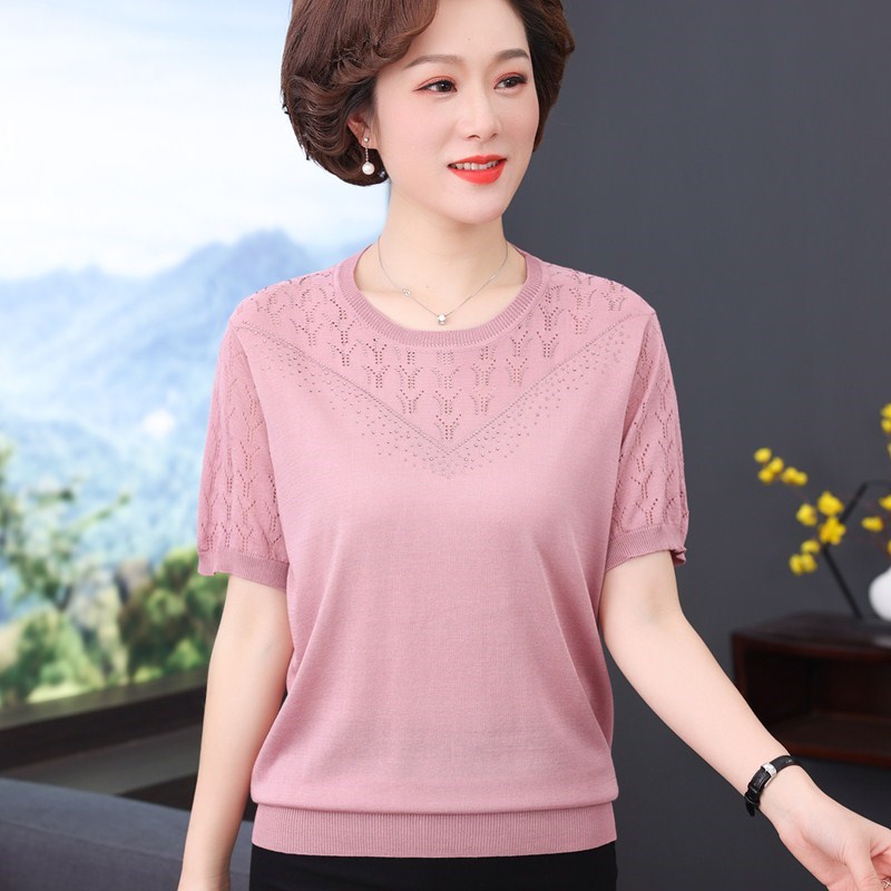 妈妈夏装纯色冰丝短袖T恤小衫50岁中老年女大码宽松薄款针织上衣